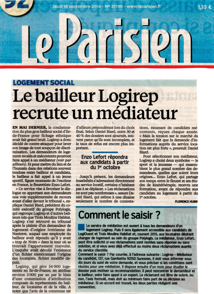Le Parisien du 2014-09-18 - Médiateur chez Logirep