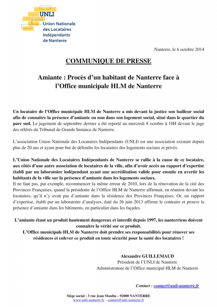 Communiqué de presse 2014-10-06 - Amiante, Procès Office-Habitant de Nanterre