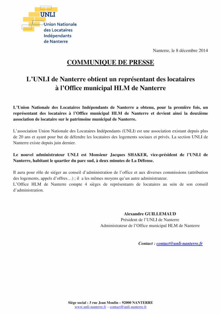 Communiqué de presse 2014-12-08 - Un administrateur à l'Office HLM de Nanterre