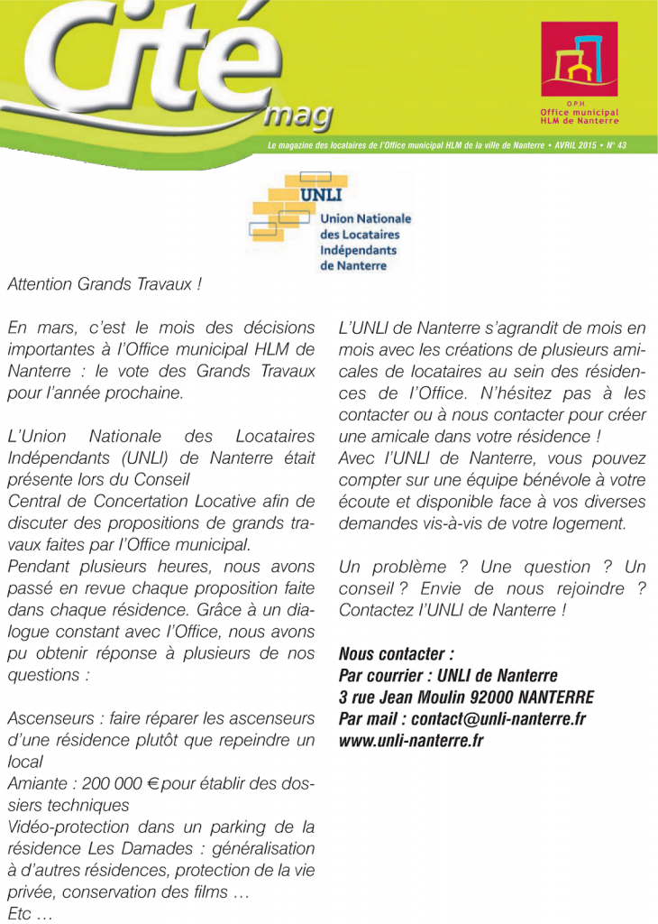 Tribune UNLI Cité Mag 43 - 2015-04