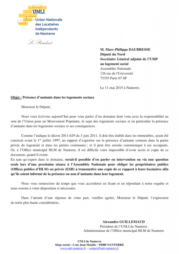 2015-05-07 105-107 - Amiante dans HLM au Député Daubresse (Lettre)