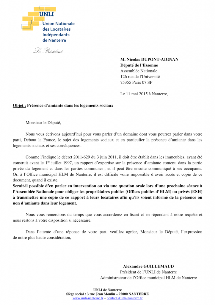 2015-05-07 105-107 - Amiante dans HLM au Député Dupont-Aignan (Lettre)
