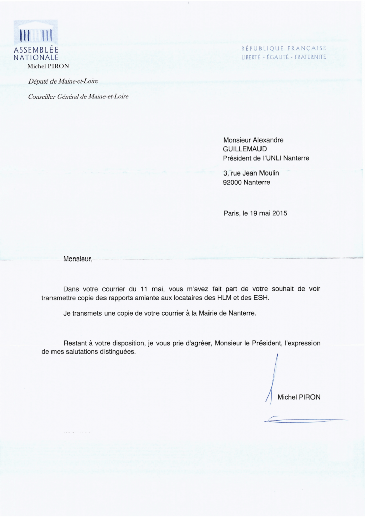 2015-05-07 105-107 - Amiante dans HLM au Député Piron (Réponse)
