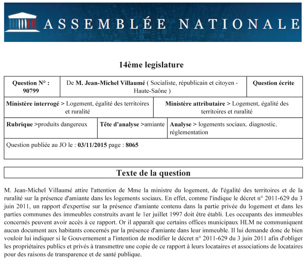 Question 2015-11 de Jean-Michel Villaumé - Dossier amiante