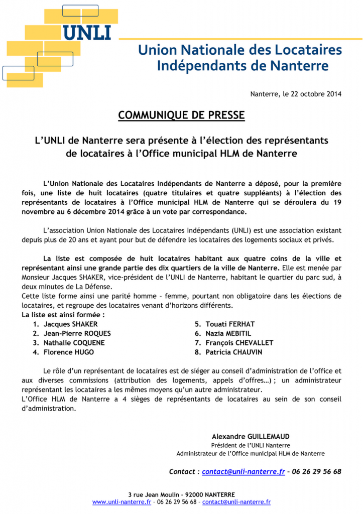 Communiqué de presse 2014-10-22 - Dépot d'une liste à l'Office HLM de Nanterre