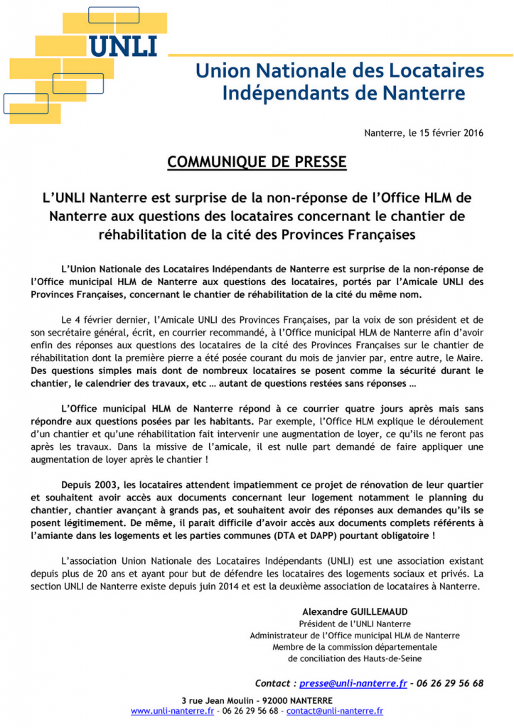 Communiqué de presse 2016-02-15 - Chantier Provinces Françaises